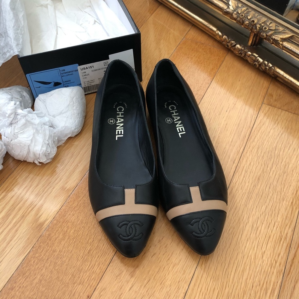 Chanel Ballet Flats Black w/ Brown Beige and Gold